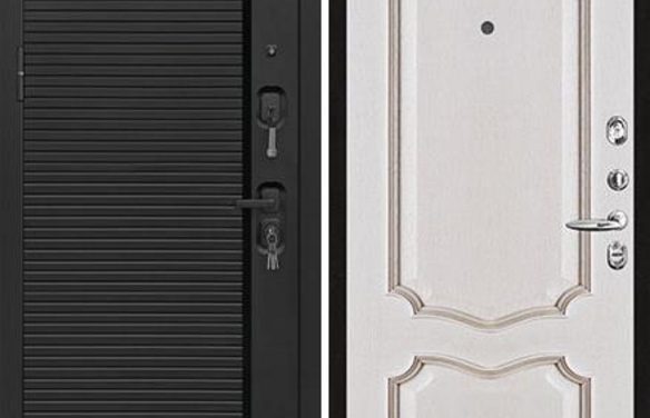Дверь входная Президент Стайл зеркало, цвет Чёрная Мягкая Шагрень, панель - Премьера цвет Белая патина Белая патина