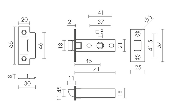 Защелка врезная PLASTP12-45-25 (P12-45) BL черный BL черный