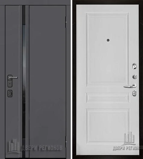 Дверь входная уличная Обсидиан Термо, цвет Серая эмаль, вставка черное стекло, панель Турин цвет Эмаль белая